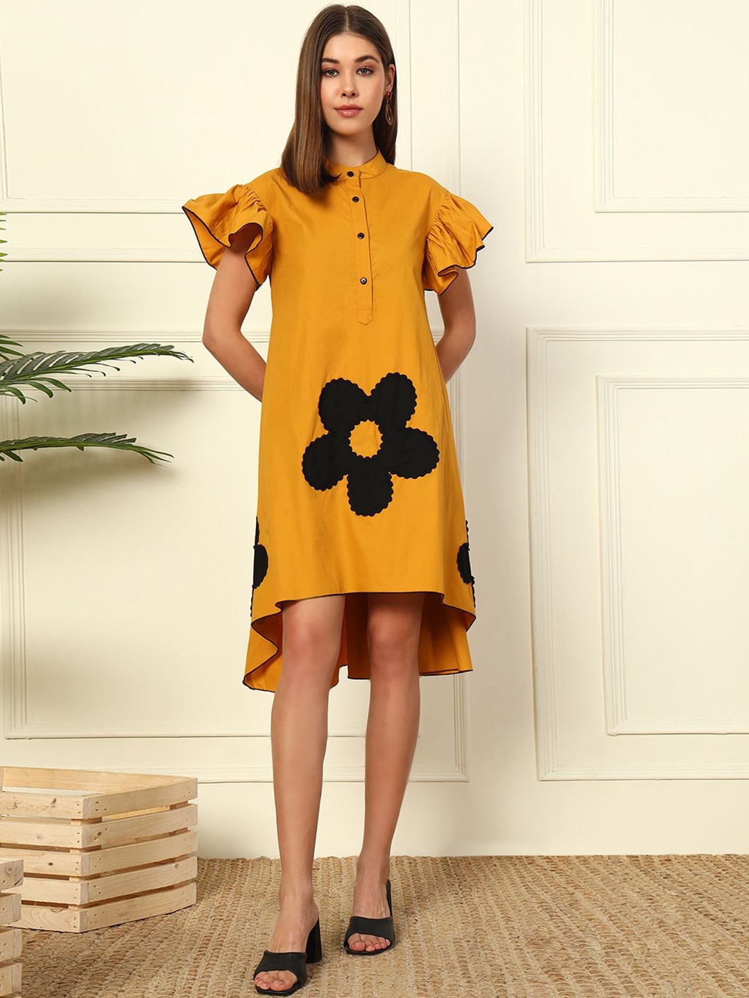 

DEEBACO Women Printed Flutter Sleeves A-Line Cotton Dress, Yellow
