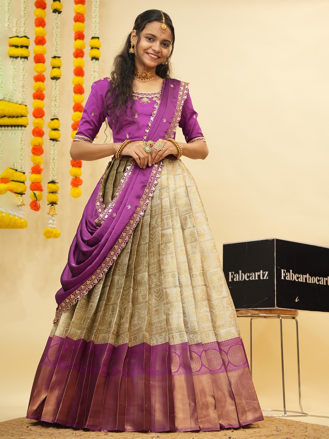 

Fabcartz Embroidered Beads & Stones Semi-Stitched Lehenga & Unstitched Blouse With Dupatta, Cream
