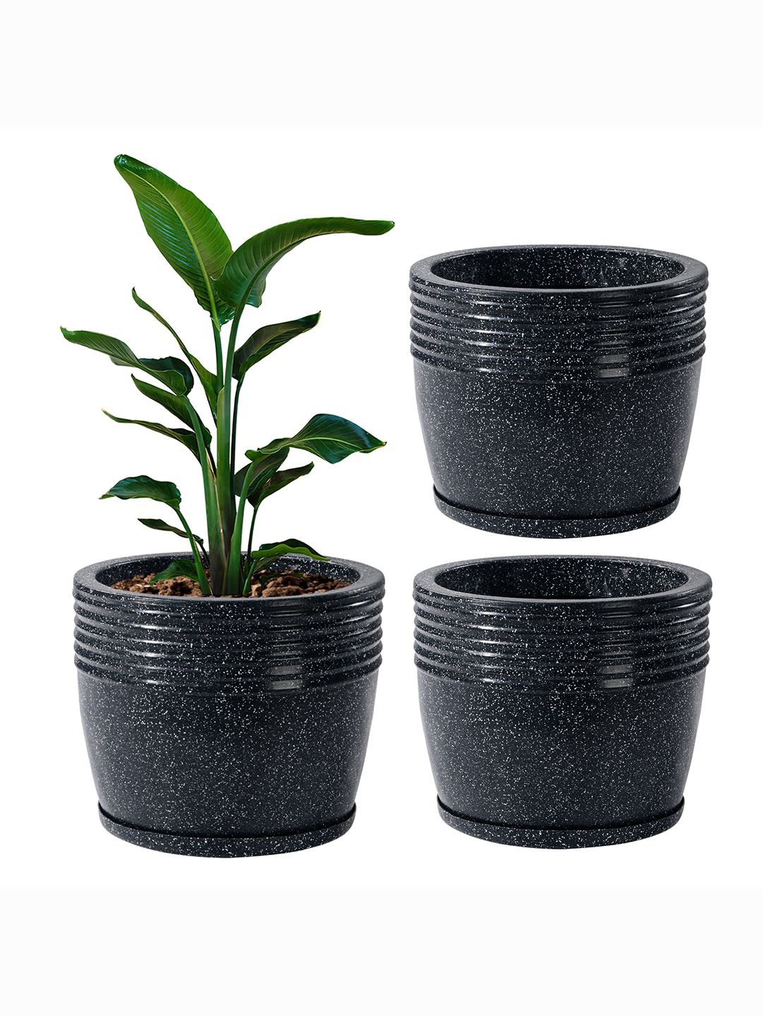 

Kuber Industries 3 Pcs Black Textured Roto Mould Flower Planters With Tray