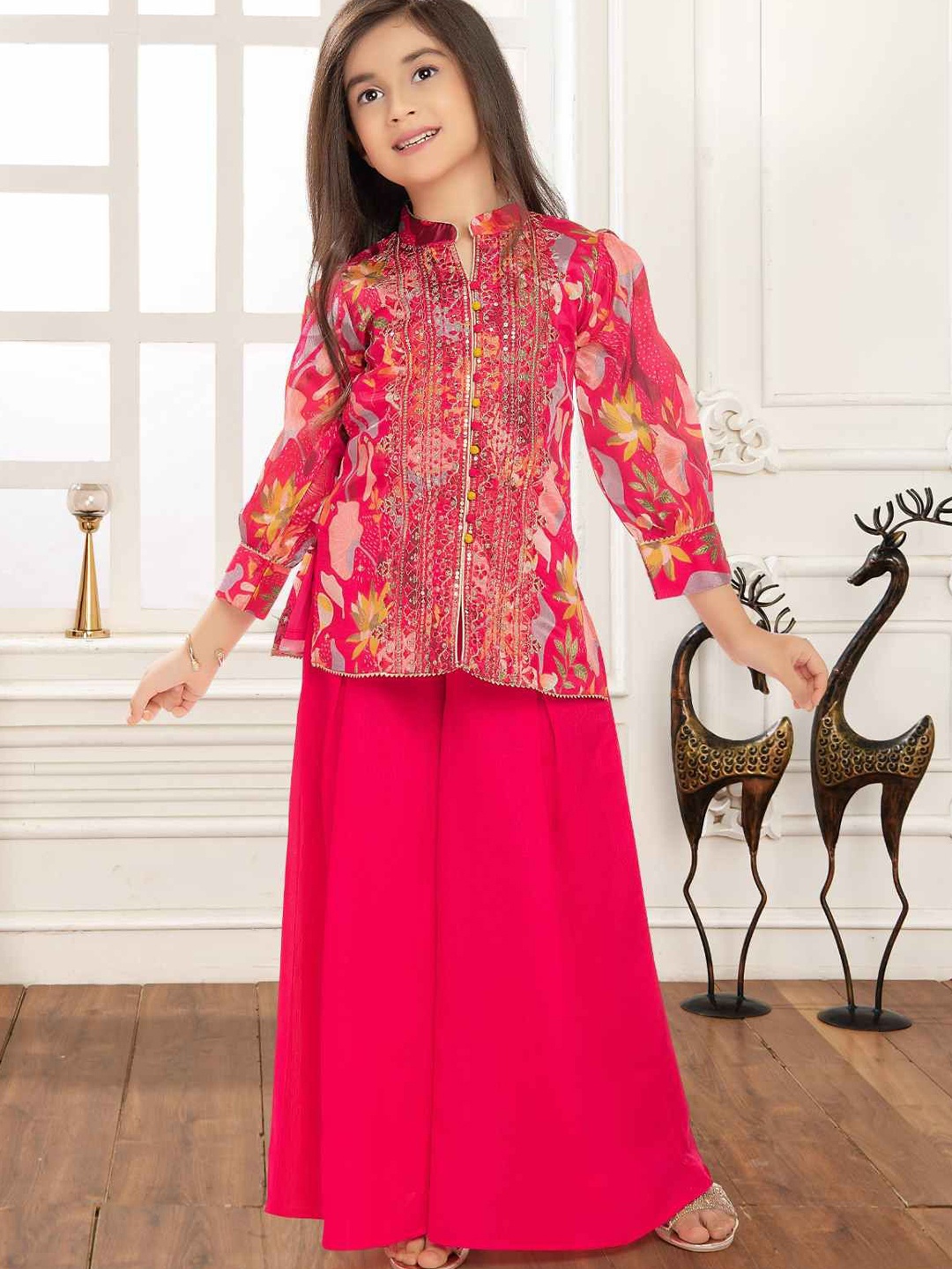 

Lagorii Girls Printed With Sequin Worked Tunic with Palazzos, Pink