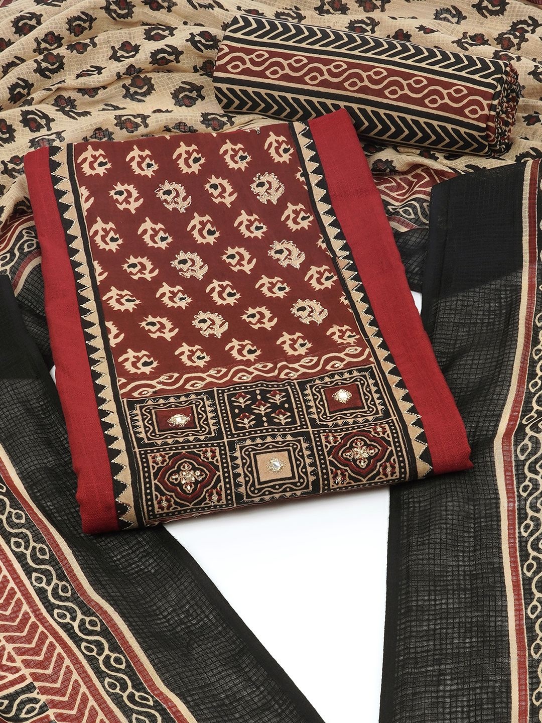 

KAMI KUBI Floral Embroidered Pure Cotton Unstitched Dress Material, Maroon