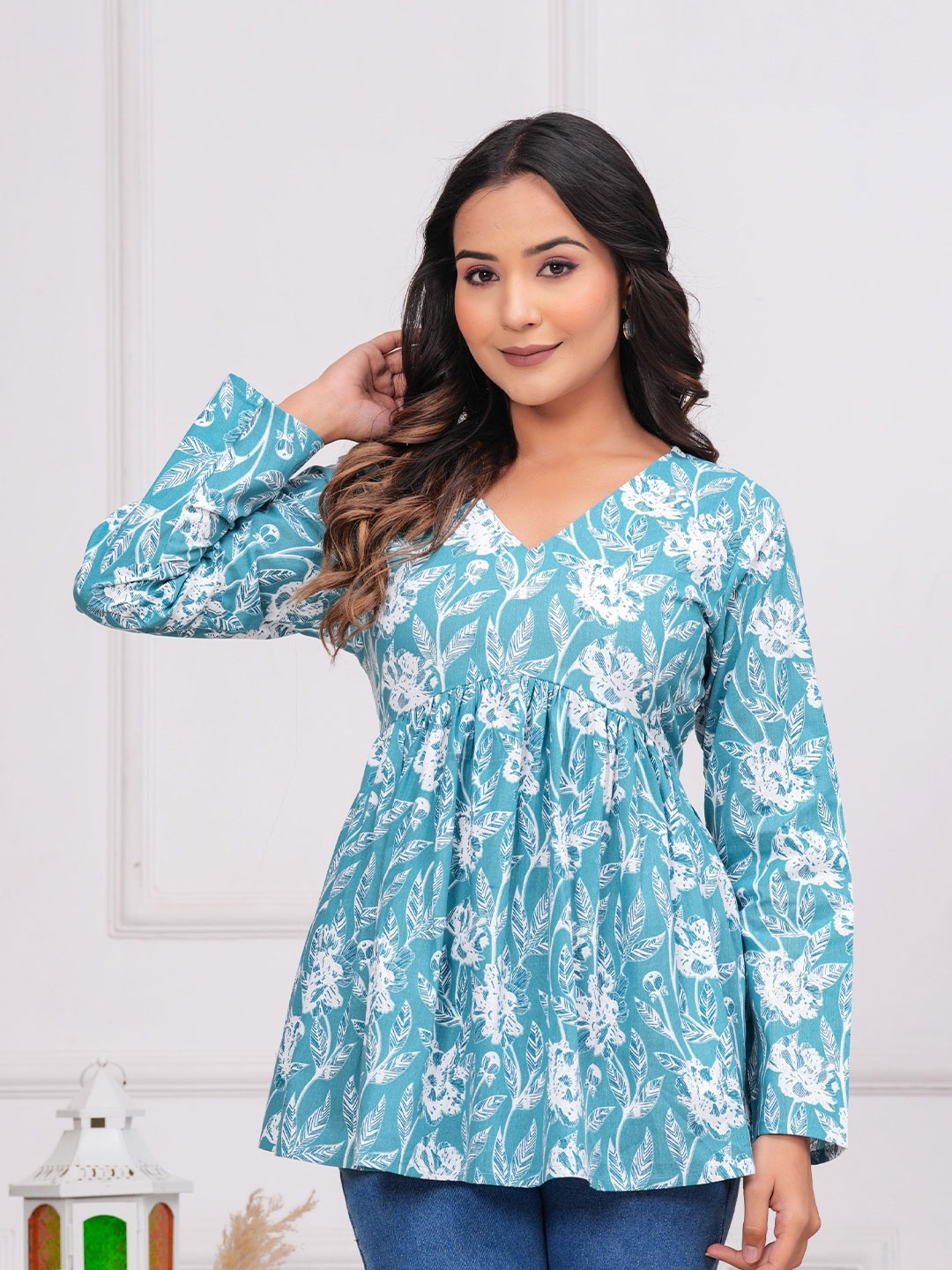 

KALINI Women Floral Printed Cotton Top, Turquoise blue