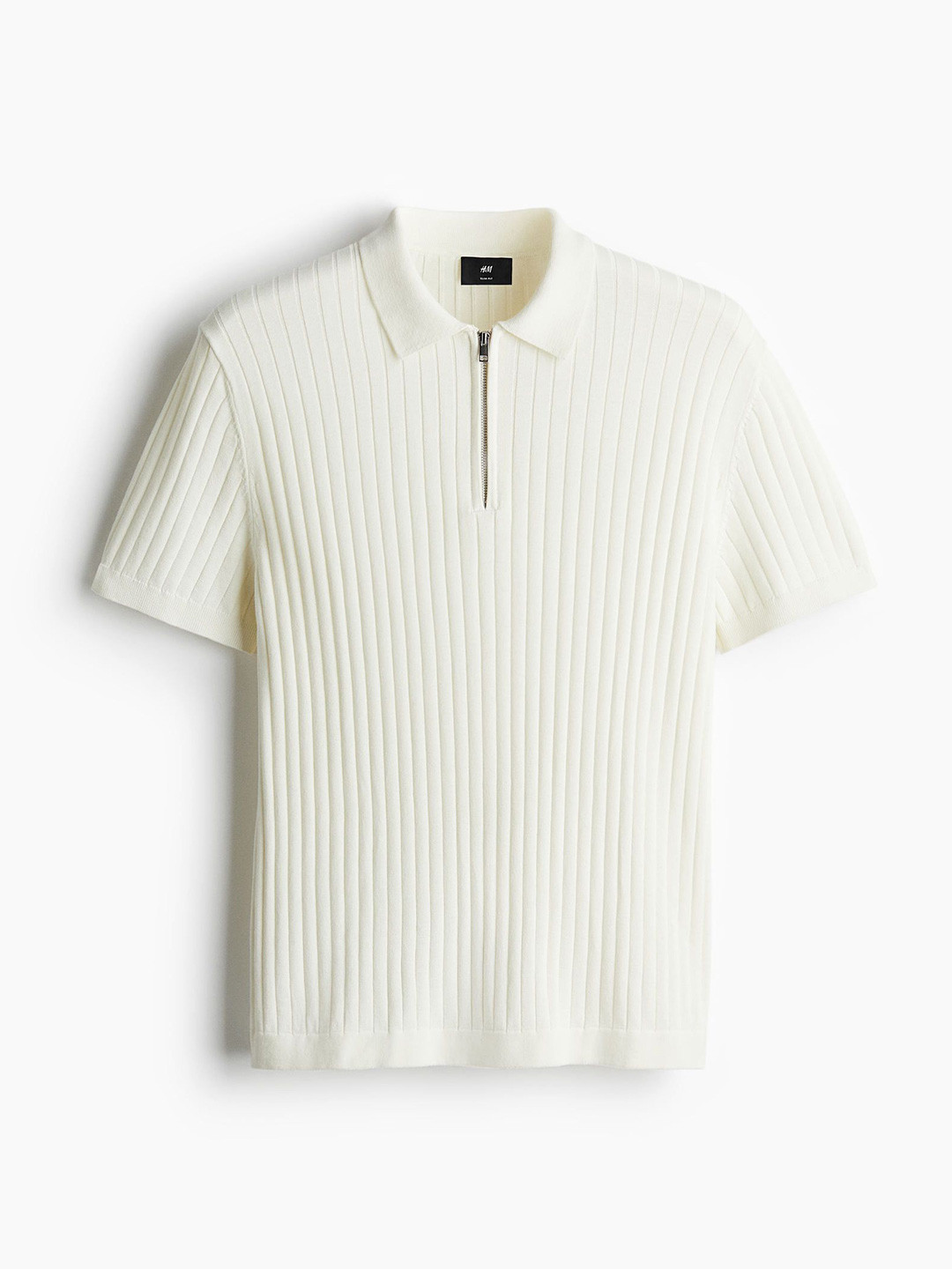

H&M Slim Fit Rib-Knit Polo Shirt, White