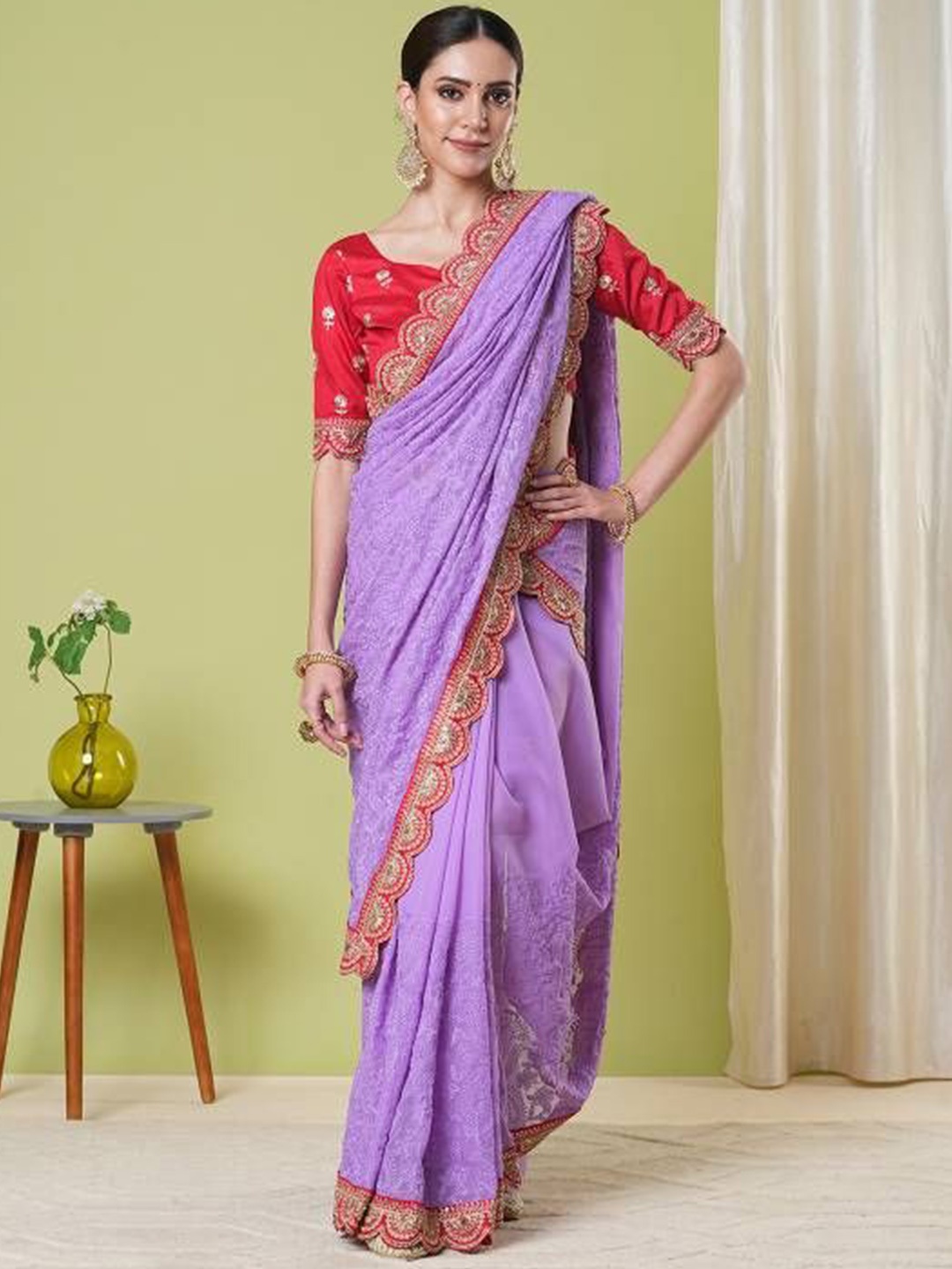 

KAYOMMI Ethnic Motifs Embroidered Pure Georgette Saree, Purple