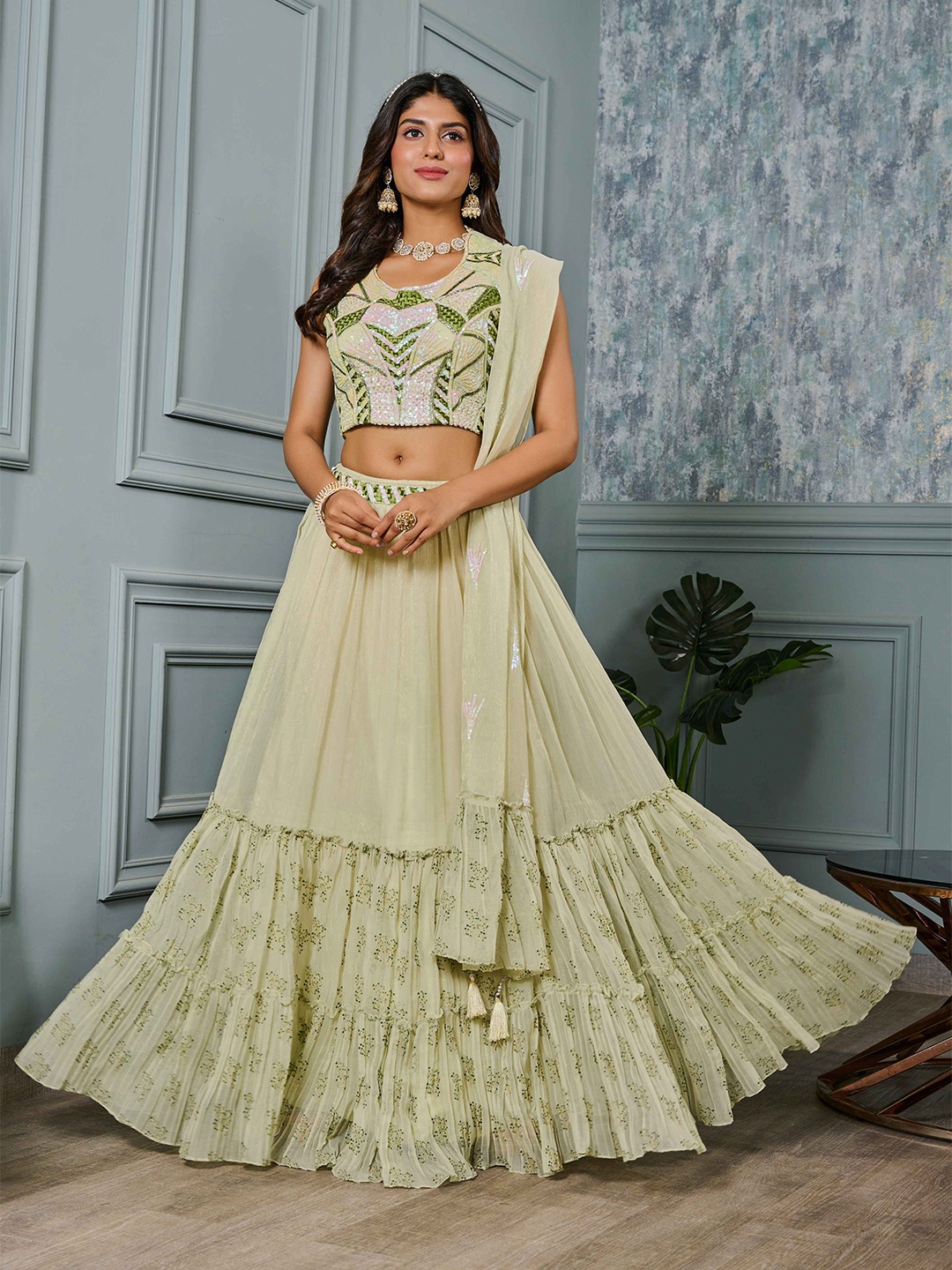 

Krimmple Embroidered Thread Work Ready to Wear Lehenga & Blouse With Dupatta, Green