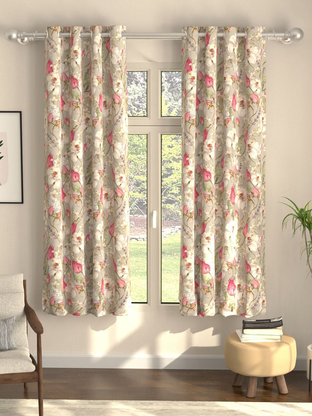 

URBAN SPACE Grey & Pink Floral Printed 2 Pieces Black Out Window Curtains