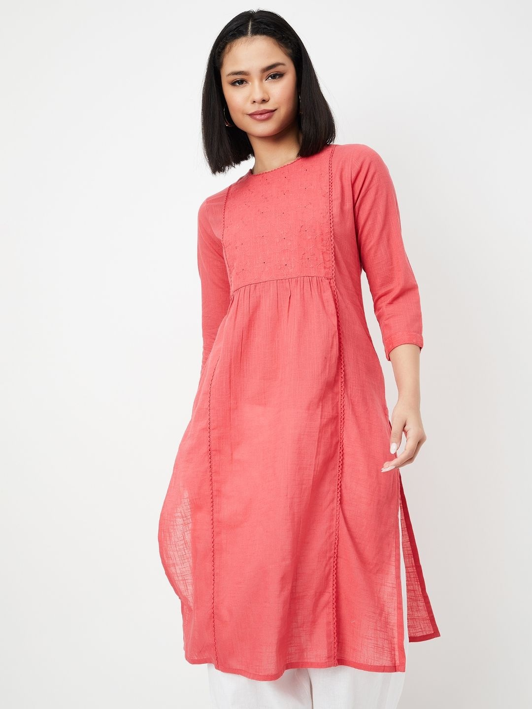 

max Pleated Floral Yoke Design Round Neck Cotton Straight Kurta, Red