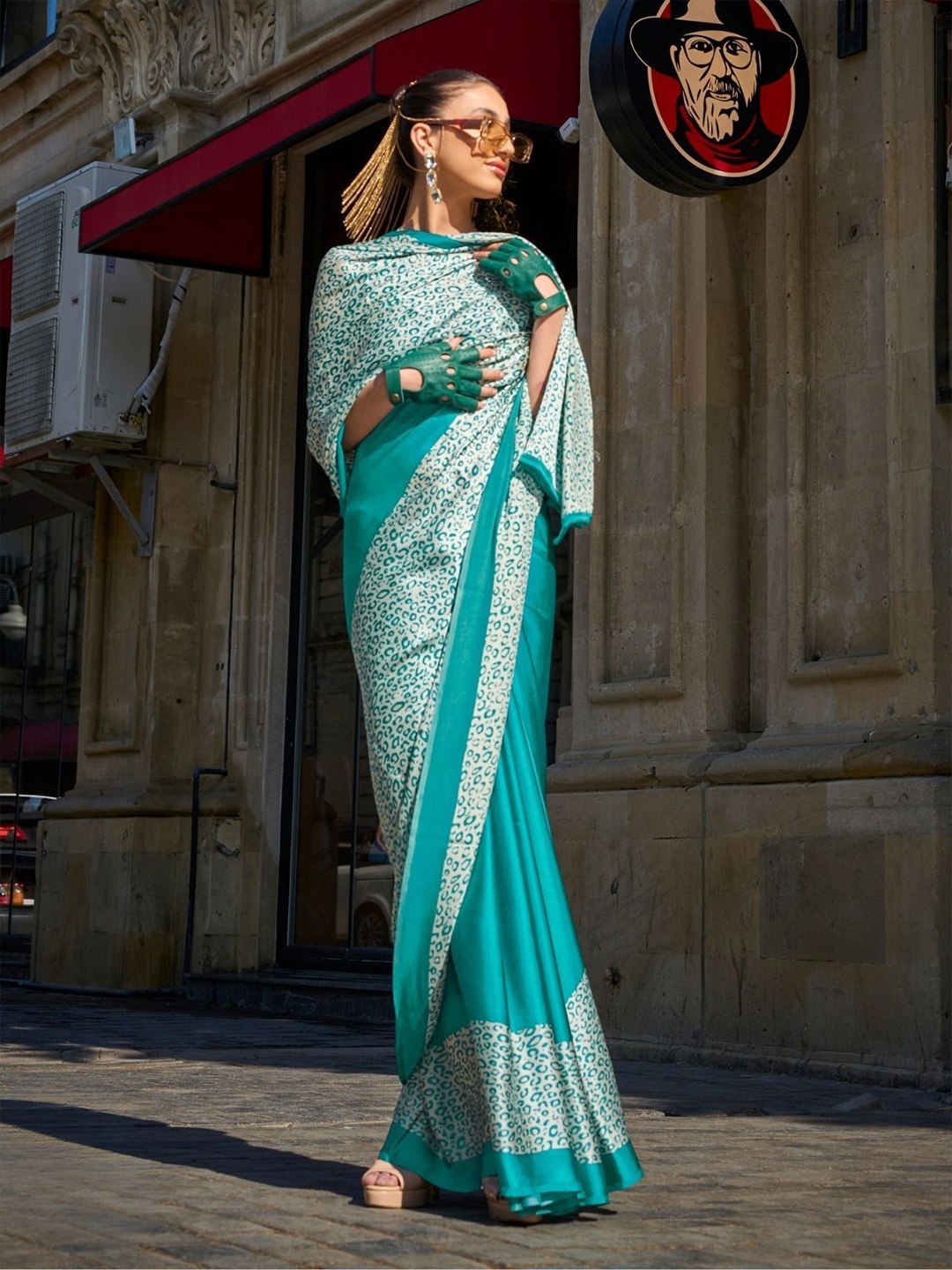 

ODETTE Satin Saree, Turquoise blue