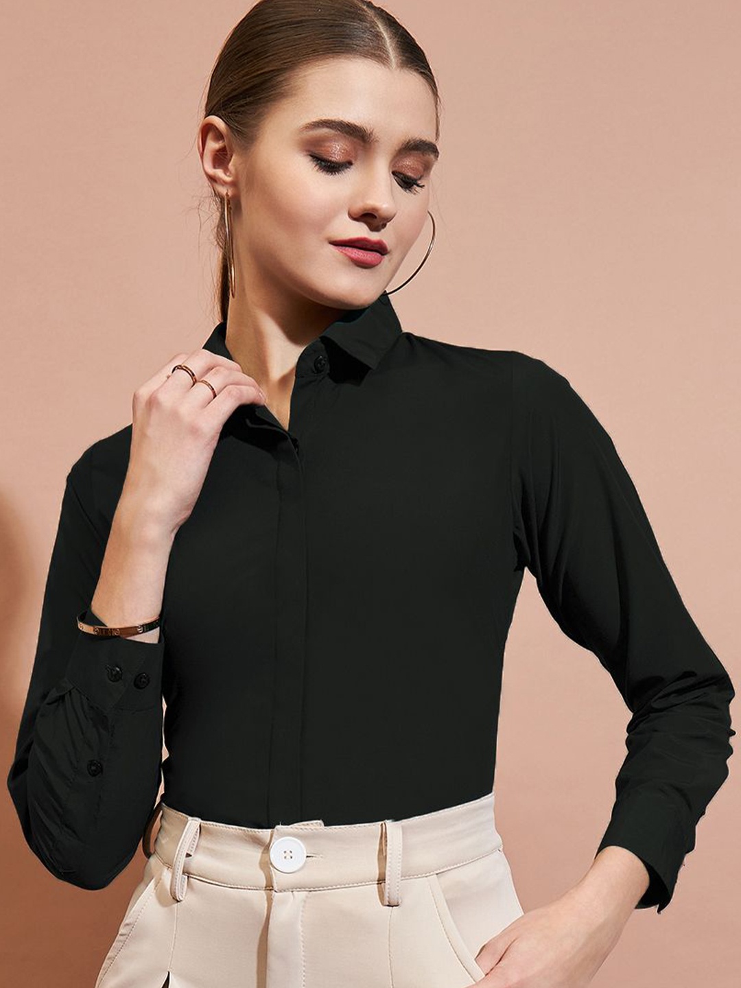 

DressBerry Women Slim Fit Spread Collar Solid Casual Shirt, Black
