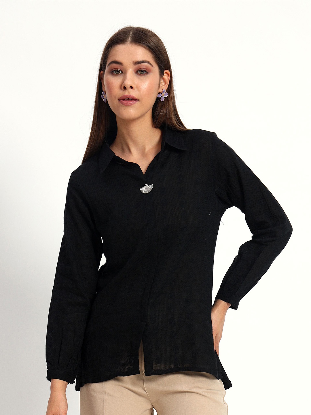 

Peikh Cotton Shirt Style Cuffed Sleeves Top, Black