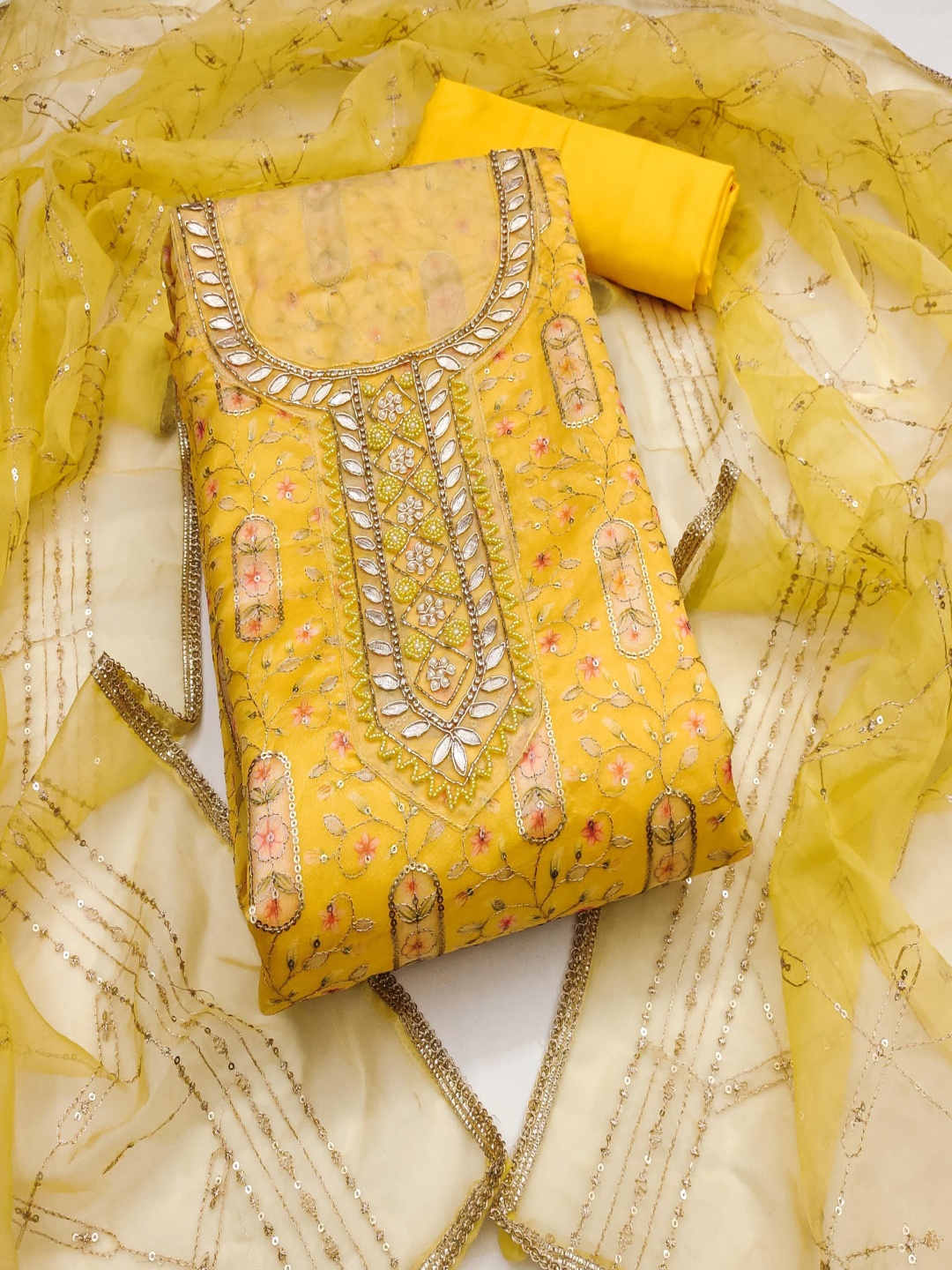 

KALINI Embroidered Organza Unstitched Dress Material, Yellow