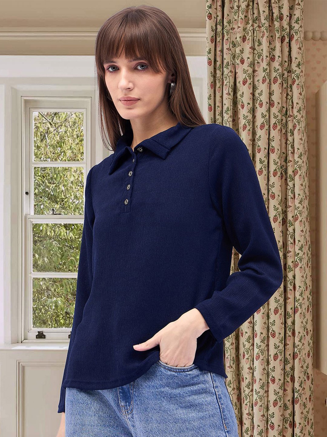 

DressBerry Women Shirt Collar Self Design Corduroy Top, Blue