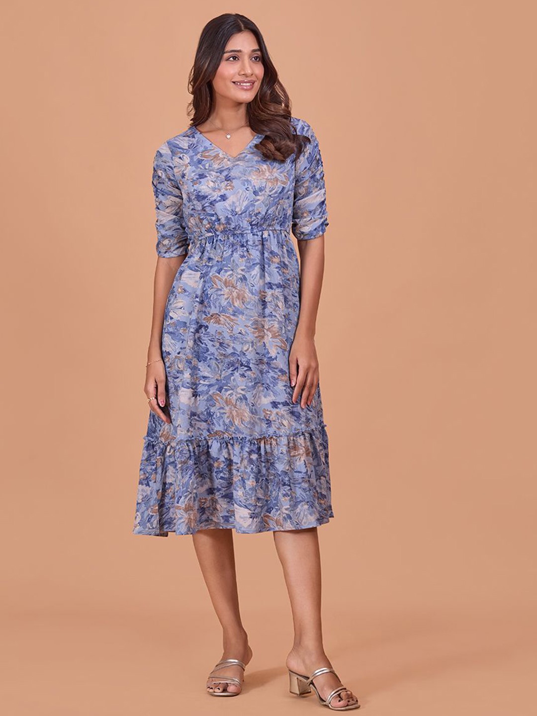 

Fashfun Cotton Floral Printed Puff Sleeve Fit & Flare Midi Dress, Blue