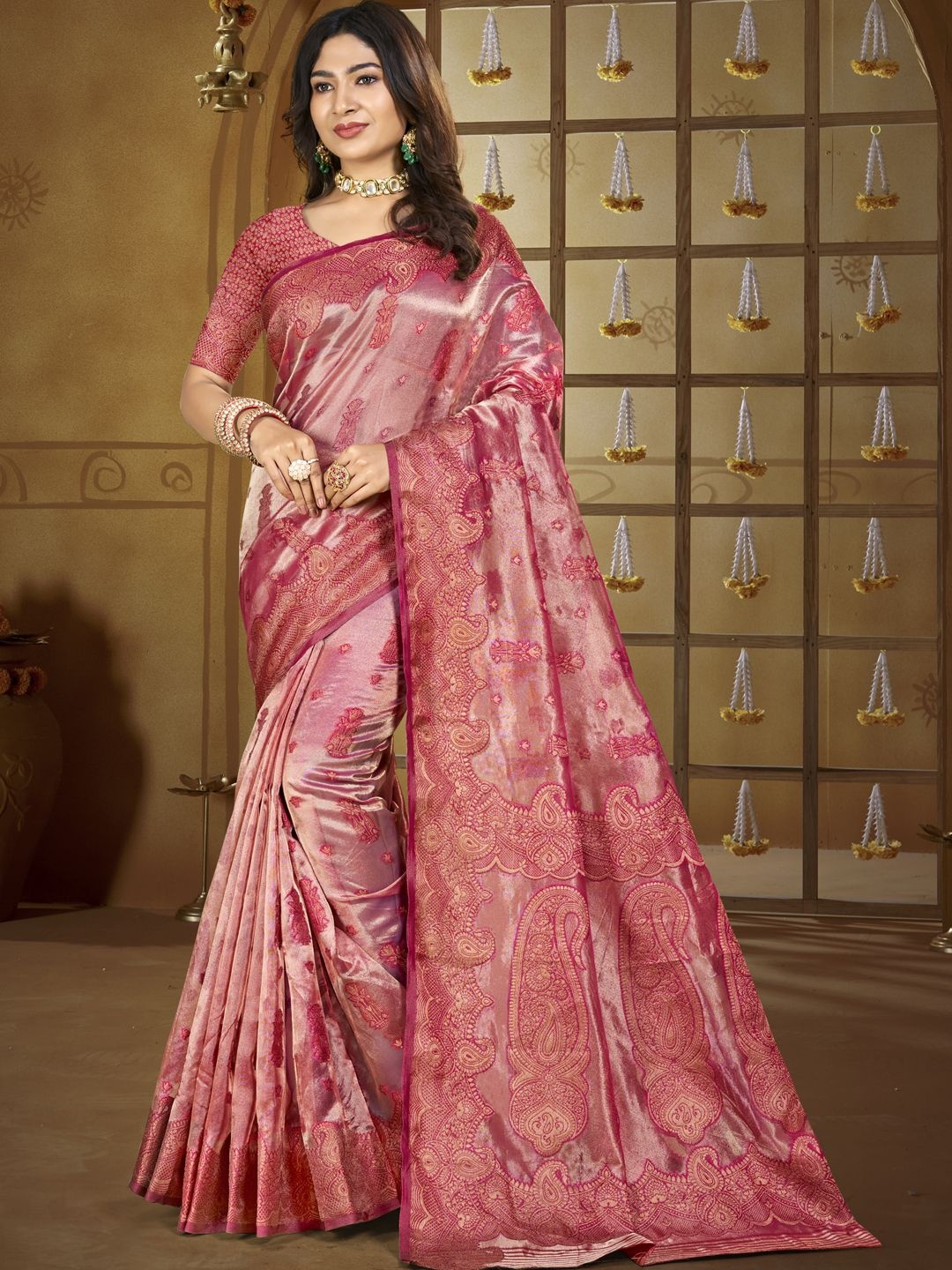 

SANGAM PRINTS Ethnic Motifs Woven Design Zari Tussar Saree, Pink