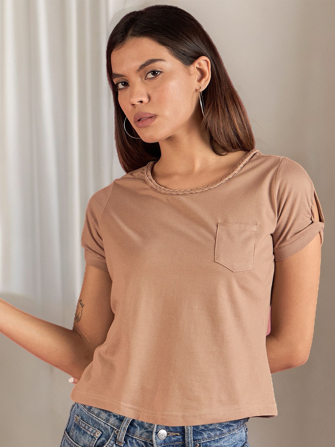 

DressBerry Slit Sleeve Cotton Top, Beige