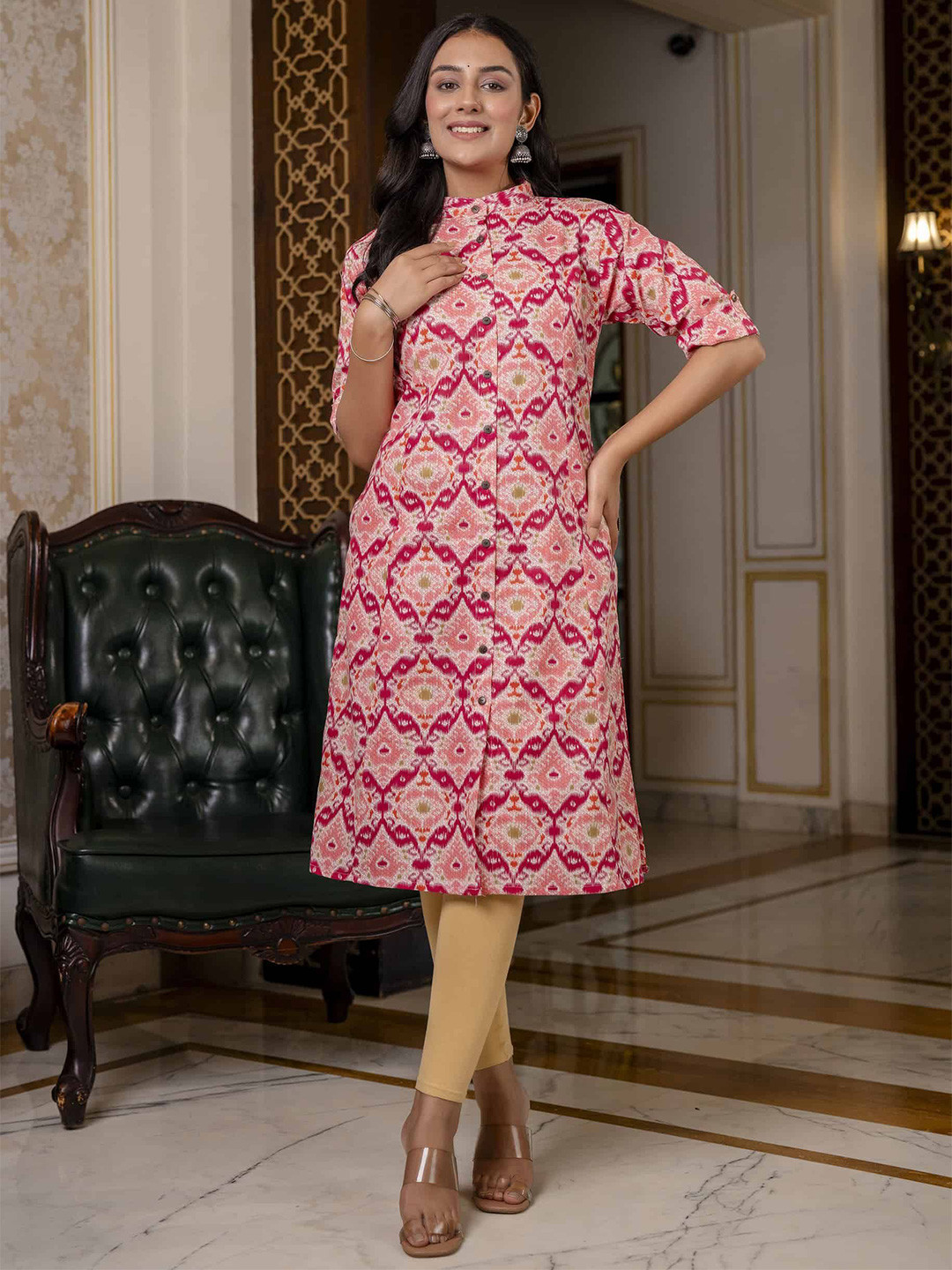 

TRIVEDI Ethnic Motifs Printed Pure Cotton Ethnic Straight Kurta, Pink