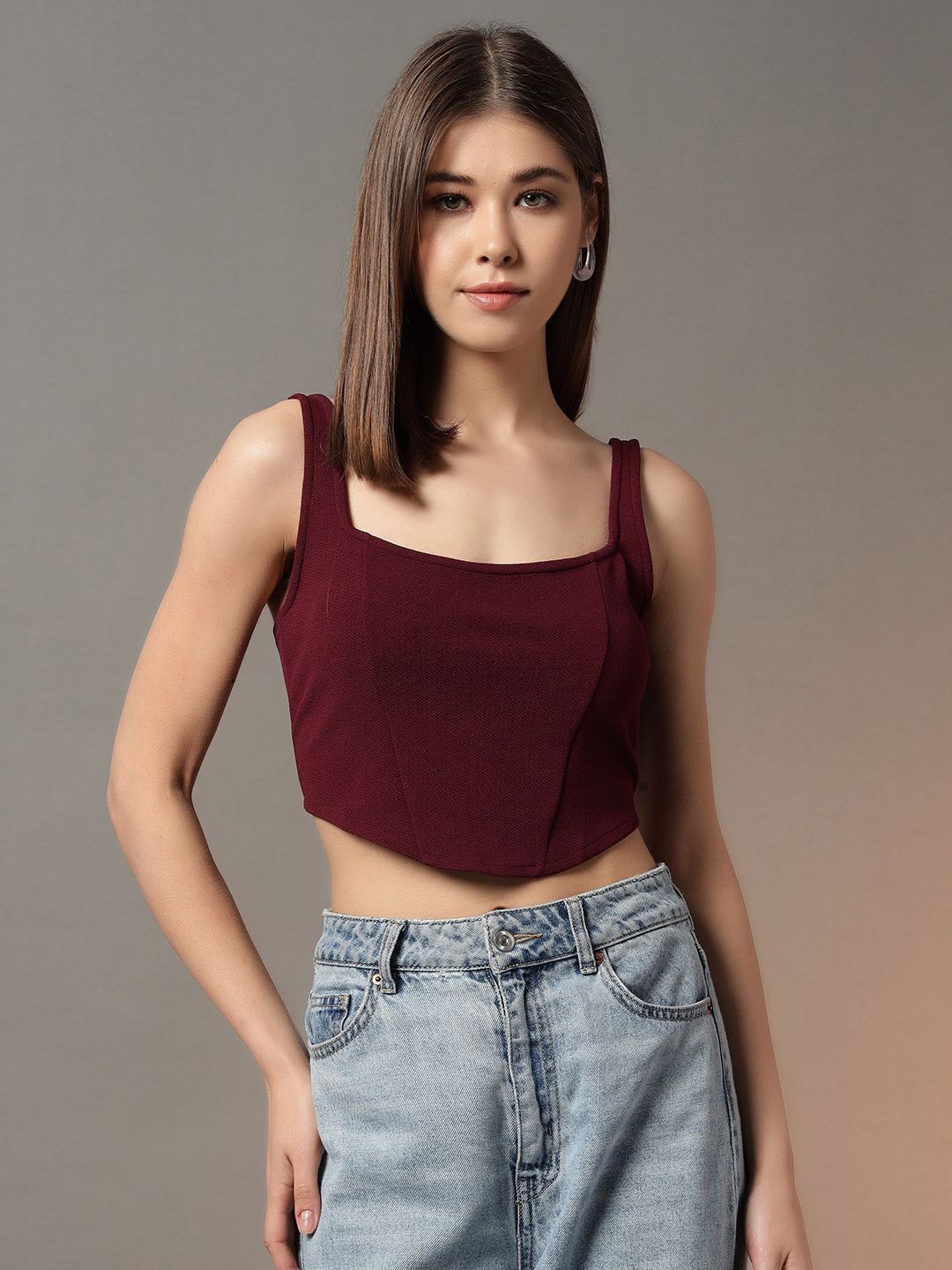 

Trend Arrest Women Square Neck Fitted Crop Top, Burgundy