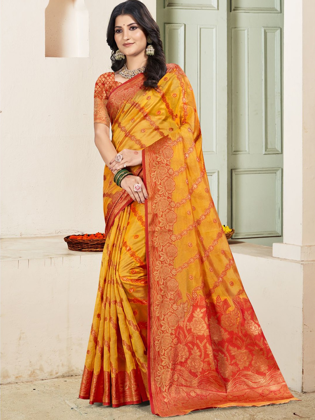 

SANGAM PRINTS Woven Design Zari Silk Blend Tussar Saree, Yellow