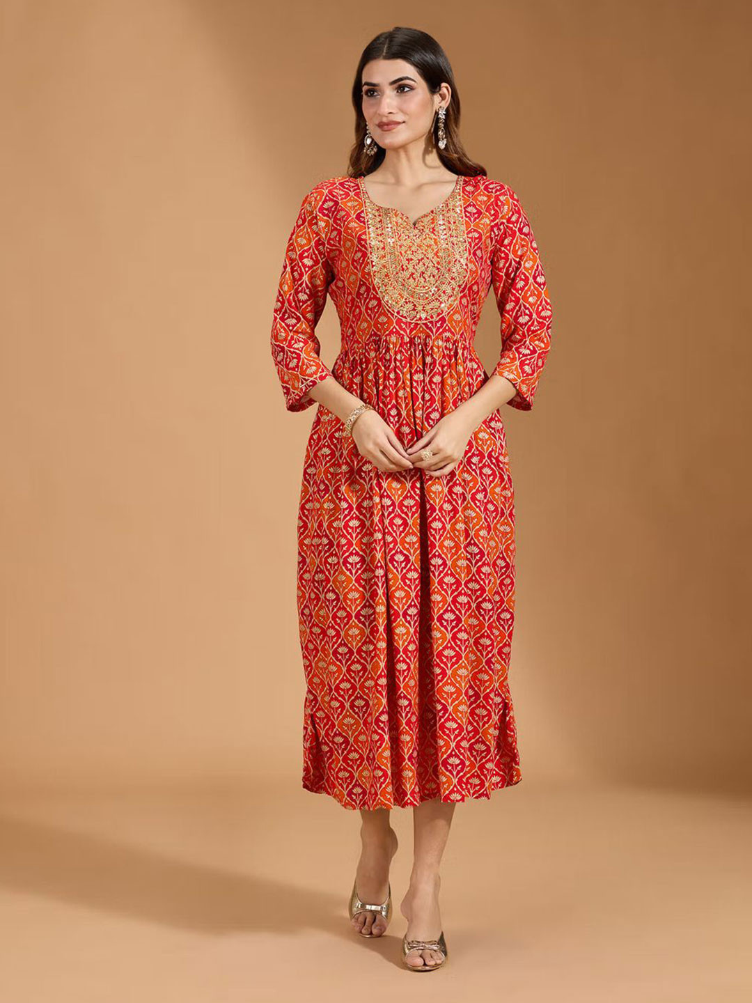 

Sangria Women Embroidered Fit & Flare Midi Ethnic Dress, Red