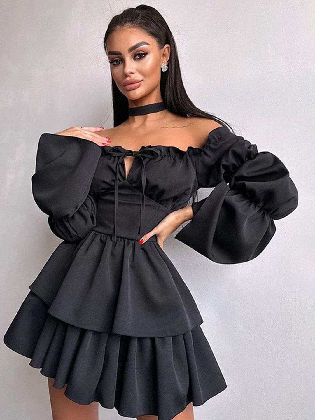 

LULU & SKY Off-Shoulder Puff Sleeve Fit & Flare Dress, Black