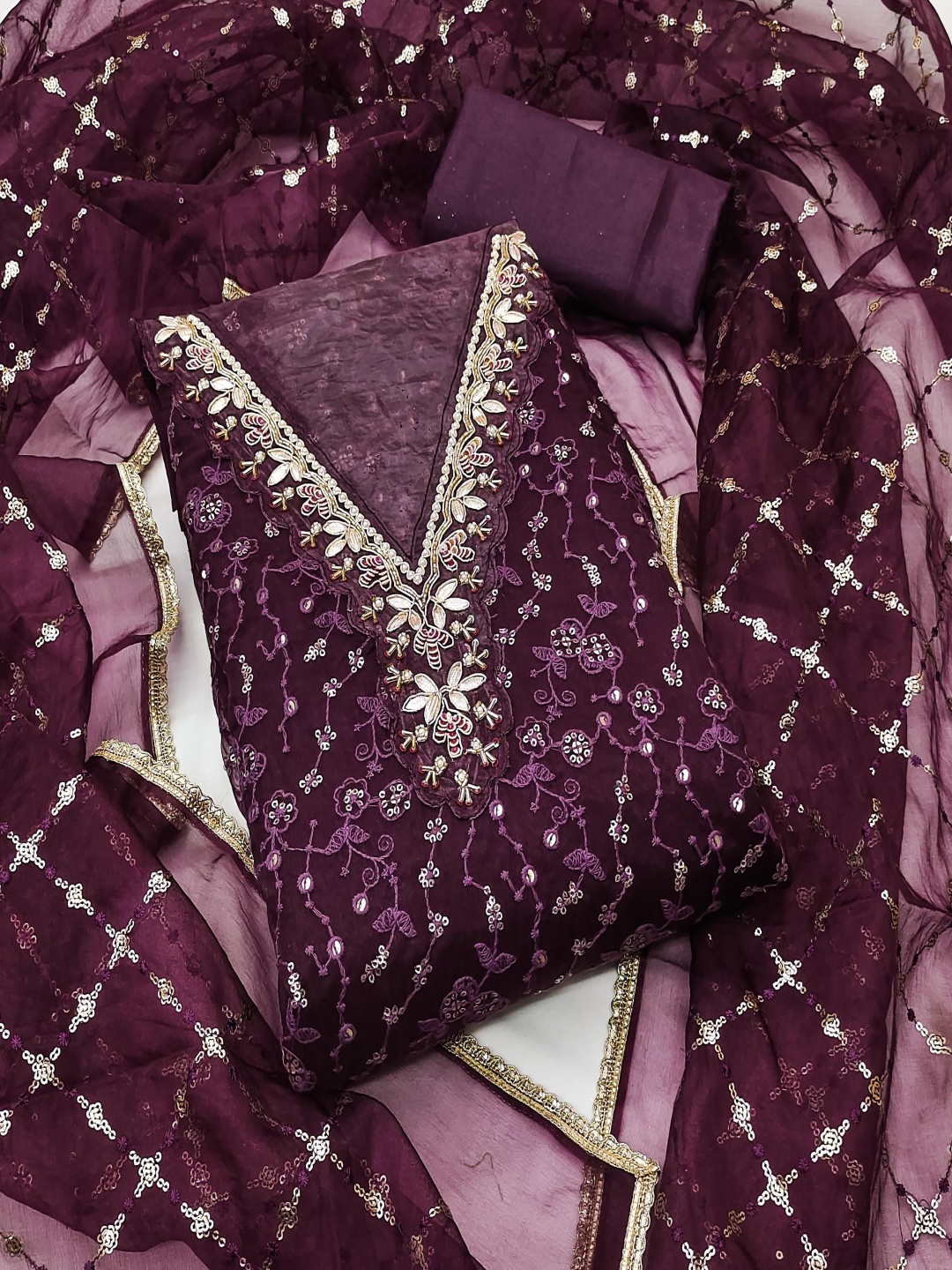 

KALINI Embroidered Organza Unstitched Dress Material, Burgundy