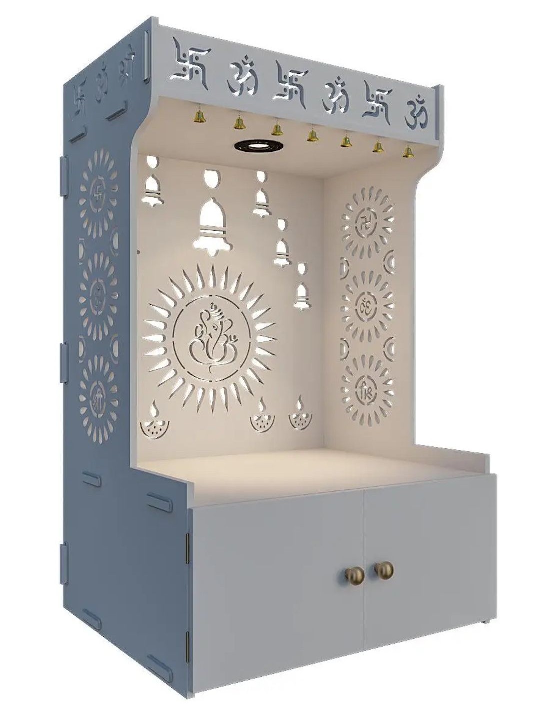 

Shri Ganesh Wooden White Home Temple With Spacious Shelf & Inbuilt Focus Light