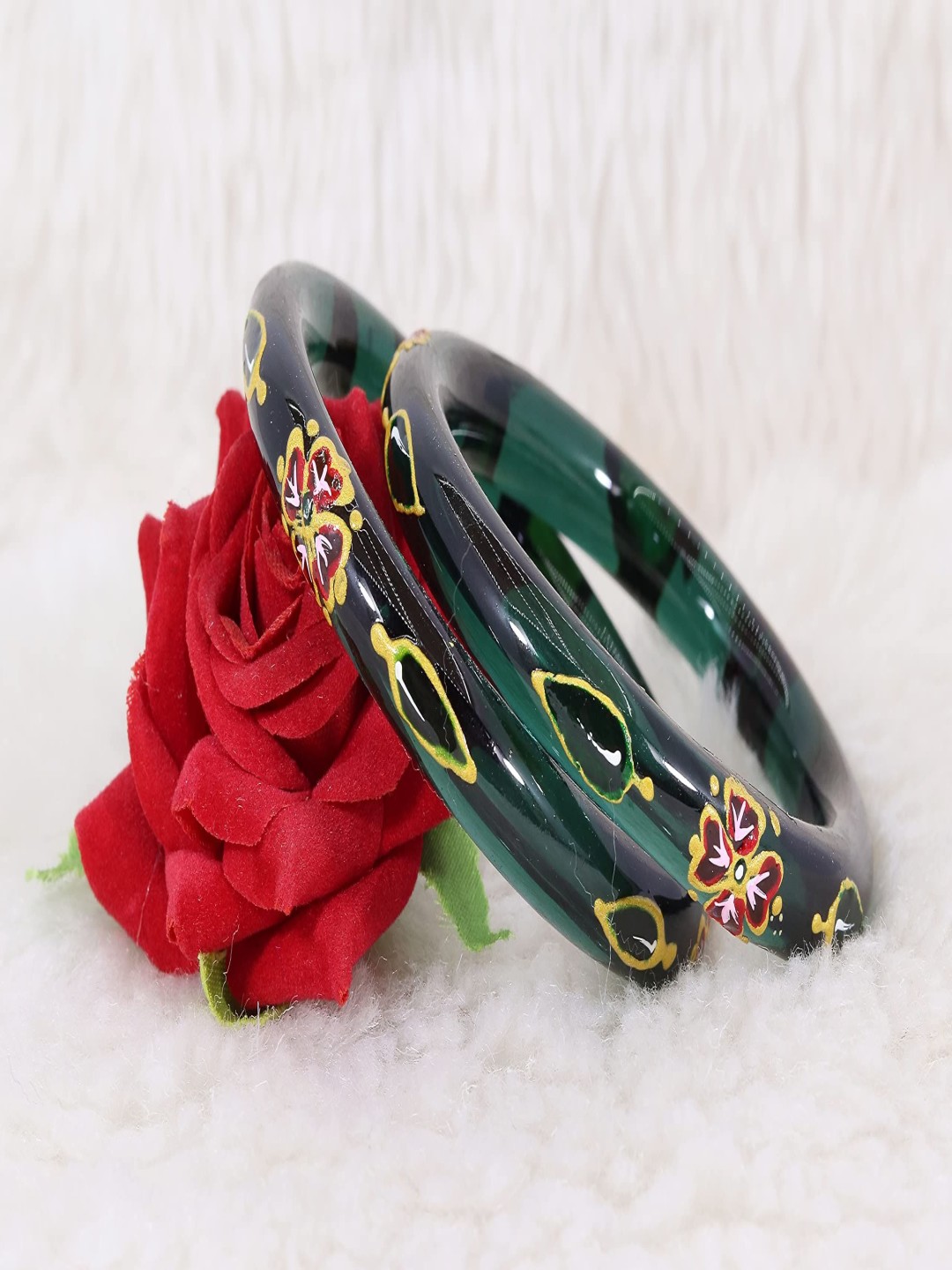 

ZULKA Set Of 2 Flowers and Leaf Printed Sleek Design Kada Glass Bangles, Green