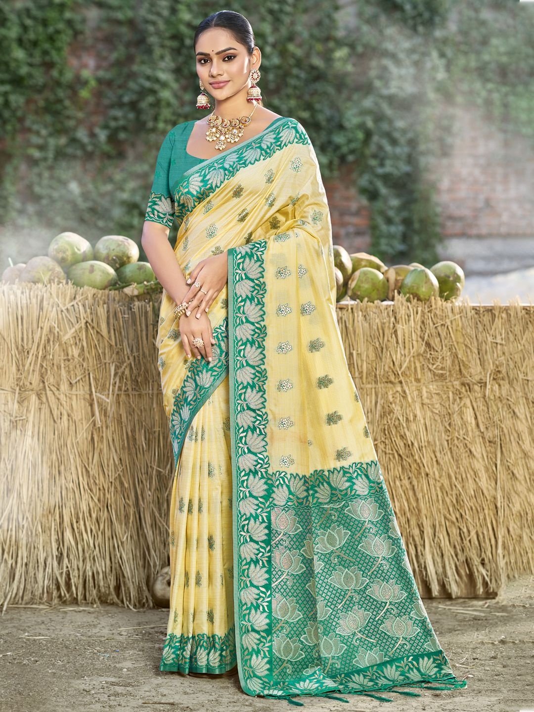 

SANGAM PRINTS Floral Printed Zari Tussar Saree, Yellow