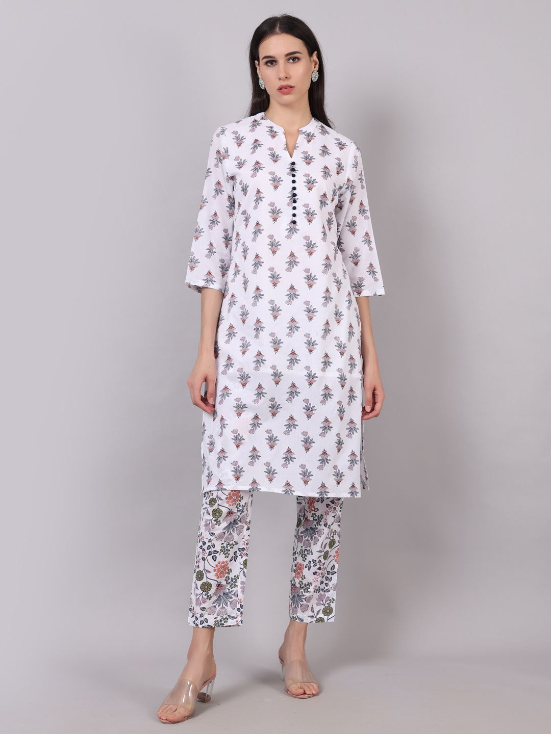 

Jaamso Royals Women Floral Printed Regular Kurta with Trousers with Kurta, White