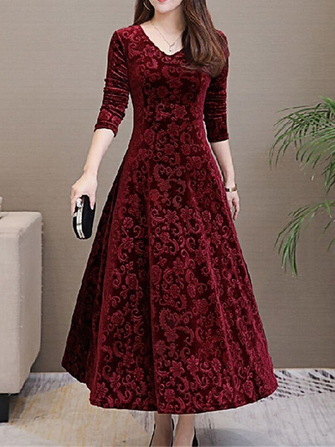 

WESTCHIC Self Design Velvet Maxi Dress, Maroon