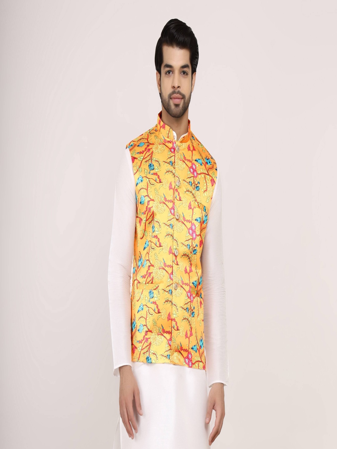 

Sadree Men Floral Printed Nehur Jacket, Yellow
