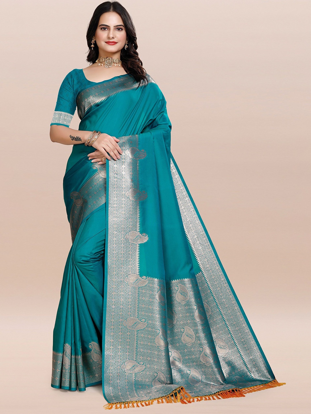 

TORONFRAS Woven Design Zari Banarasi Saree, Turquoise blue