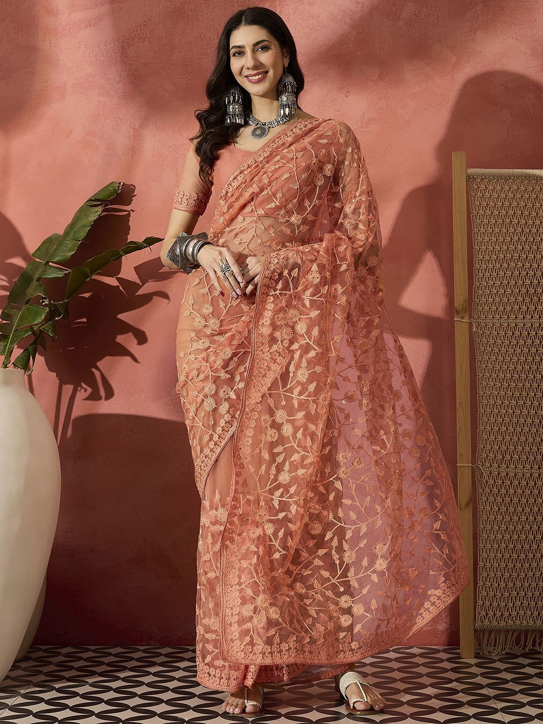 

Sangria Women Embroidered Net Saree With Unstitched Blouse, Peach