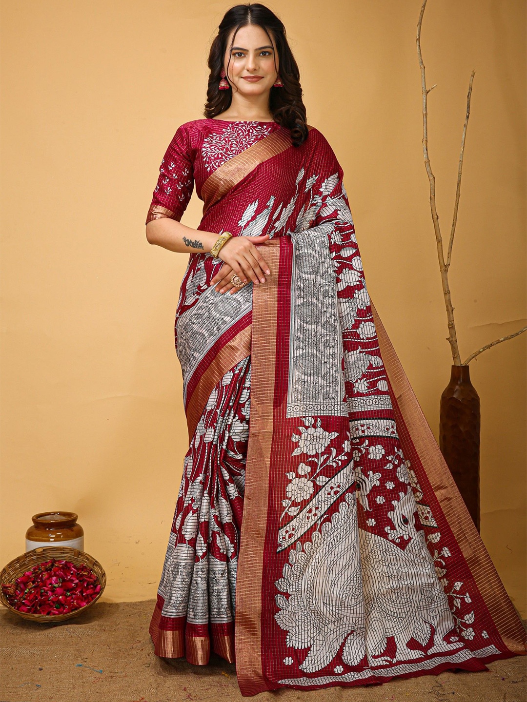 

LeeliPeeri Designer Floral Zari Saree, Maroon