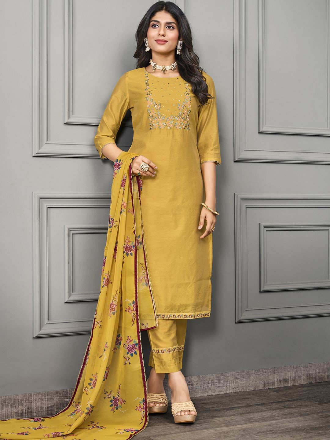 

Krimmple Women Floral Embroidered Regular Sequinned Kurti with Pyjamas & With Dupatta, Yellow