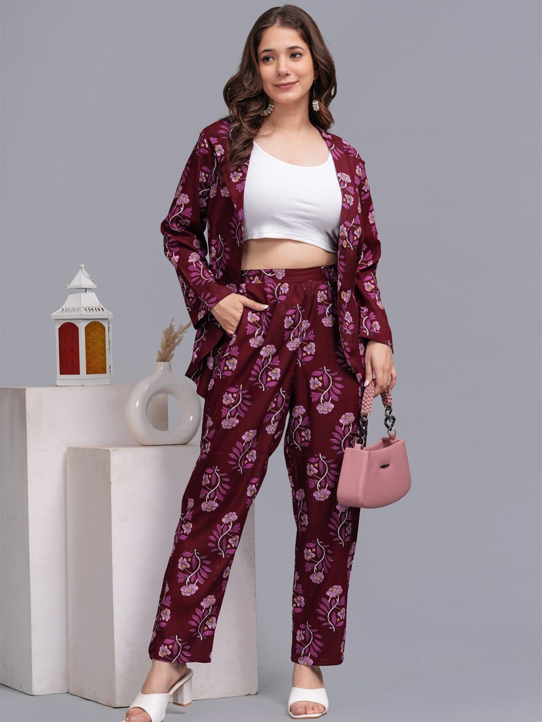 

TheSwagg Printed Blazer With Trouser Co-Ords, Maroon