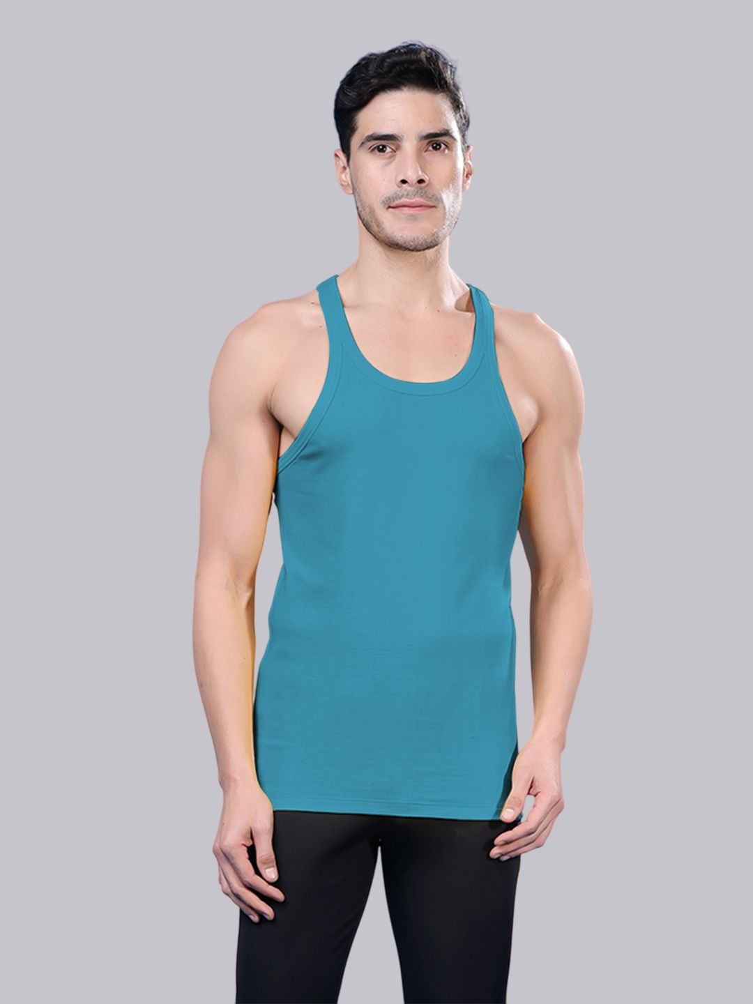 

Friskers Men Cotton Round Neck Sleeveless Gym Vest, Turquoise blue