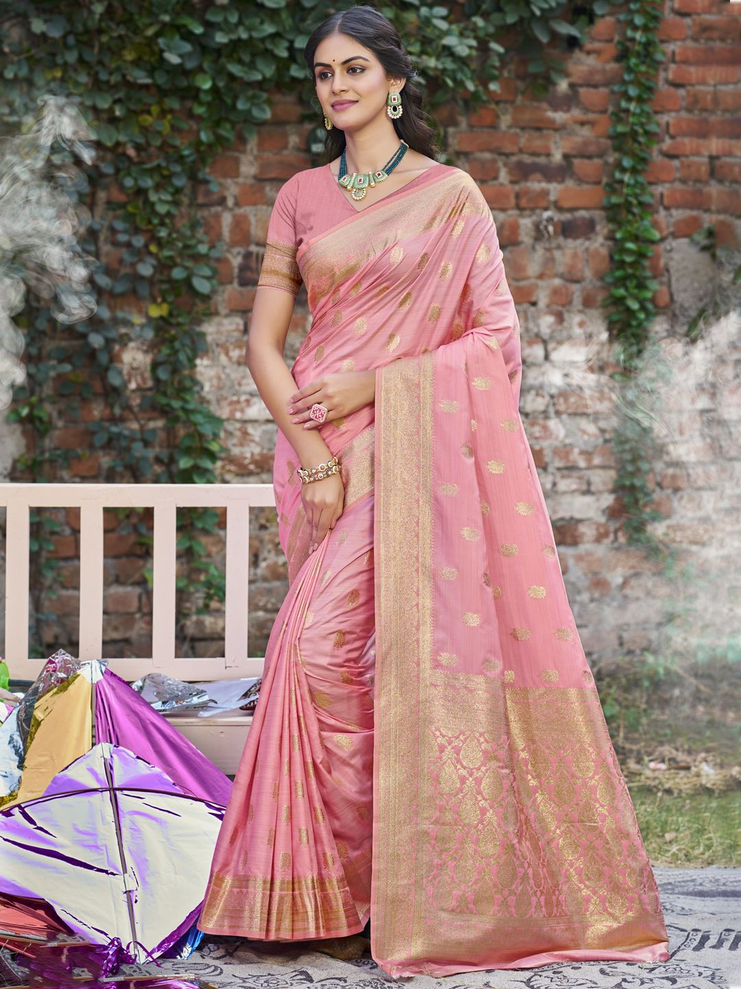 

SANGAM PRINTS Floral Zari Silk Blend Tussar Saree, Pink