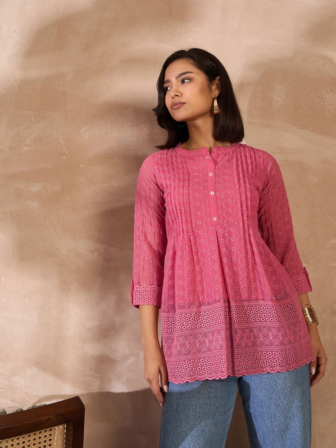 

all about you Mandarin Collar Roll-Up Sleeves Schiffli Longline Top, Pink