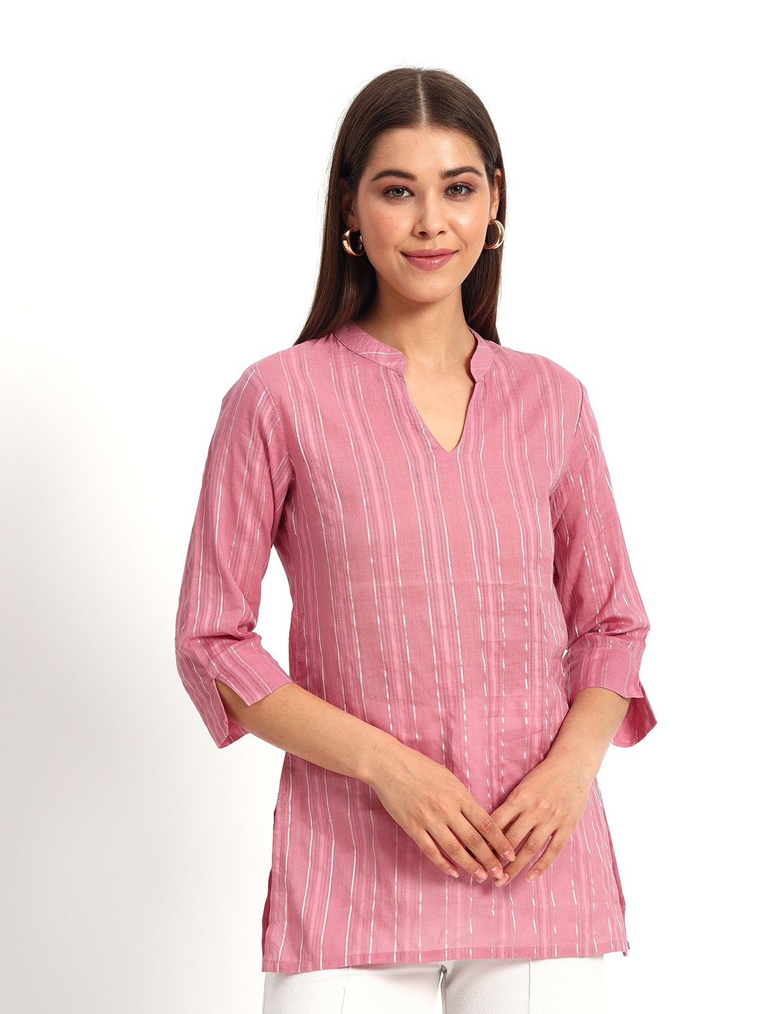

Peikh Striped Mandarin Collar Cotton Tunic, Pink