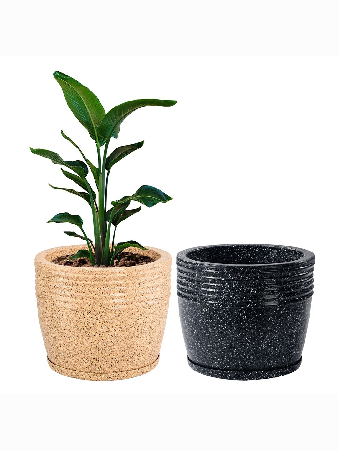 

Kuber Industries Brown & Black 2 Pieces Textured Roto Mould Flower Planters With Tray