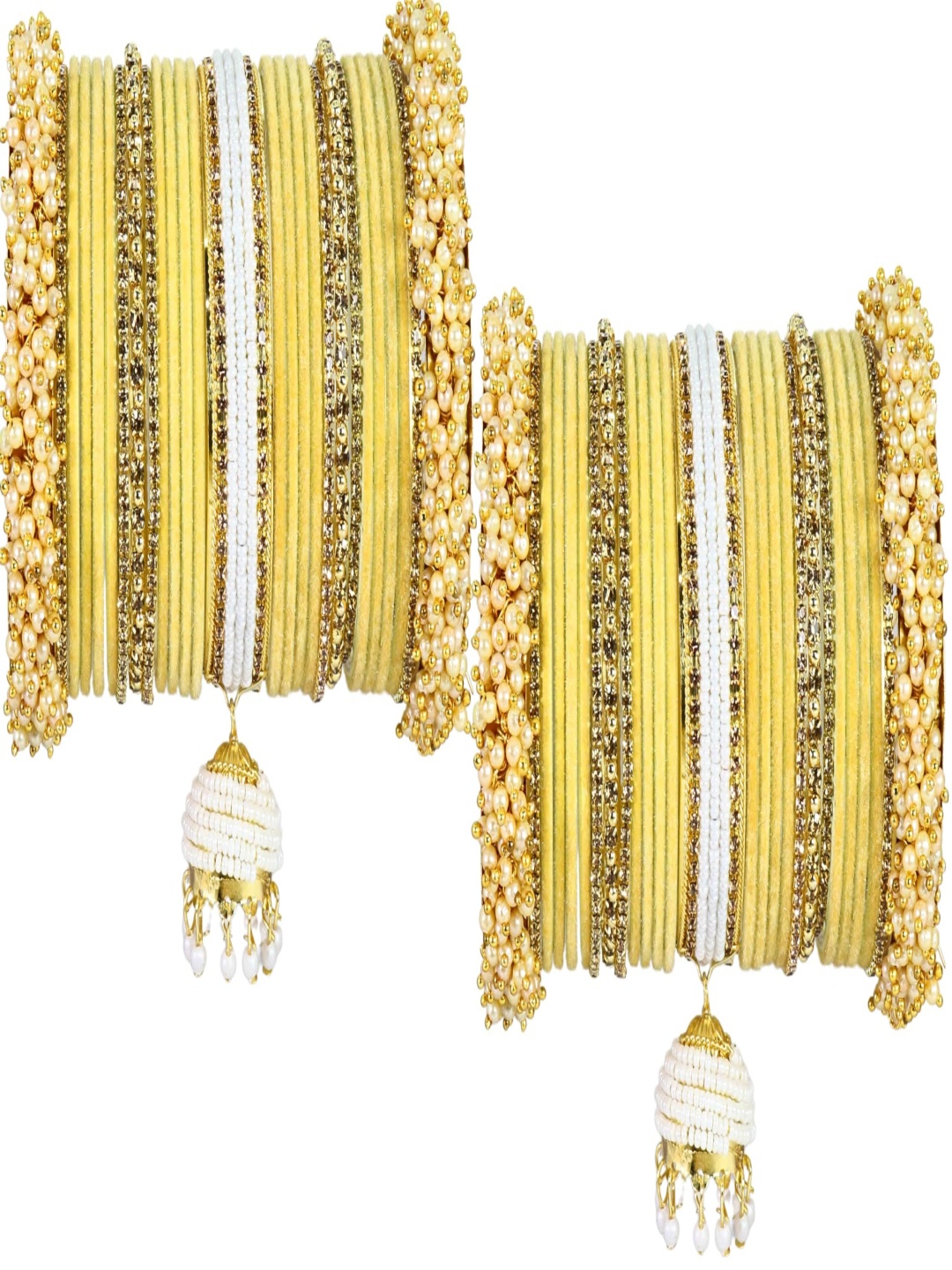 

ZULKA Set Of 54 Cubic Zircon-Studded & Pearls-Beaded Velvet Chuda Latkan Bangles, Gold