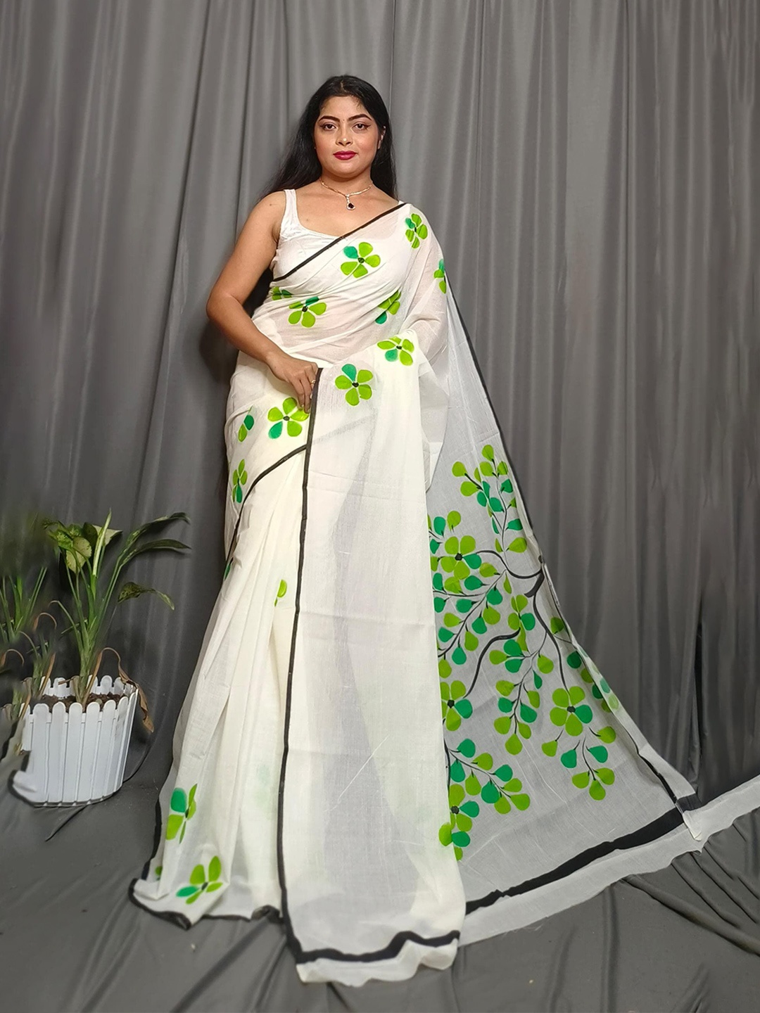 

Ruuprekha Floral Printed Pure Cotton Khadi Saree with Stitched Blouse, Green