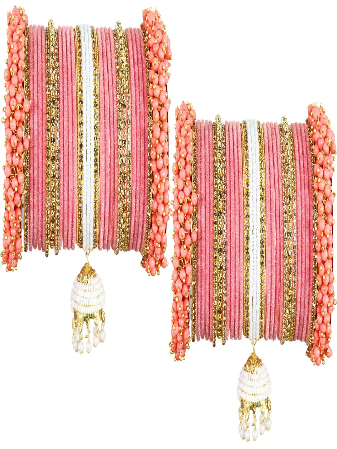 

ZULKA Set Of 54 Zircon Stone-Studded & Pearls Beaded Velvet Chuda Latkan Bangles, Pink