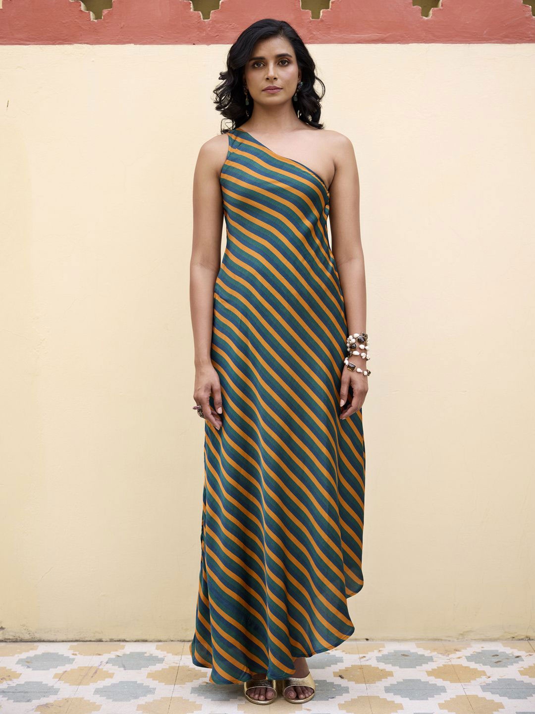 

BAARO MASI Striped One Shoulder Satin Maxi Dress, Mustard