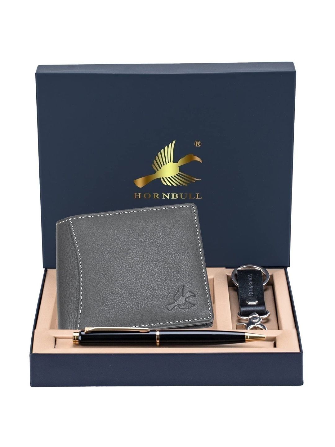 

Hornbull Men Themes Grey Leather Wallet, Keyring & Pen Combo Accessory Gift Set