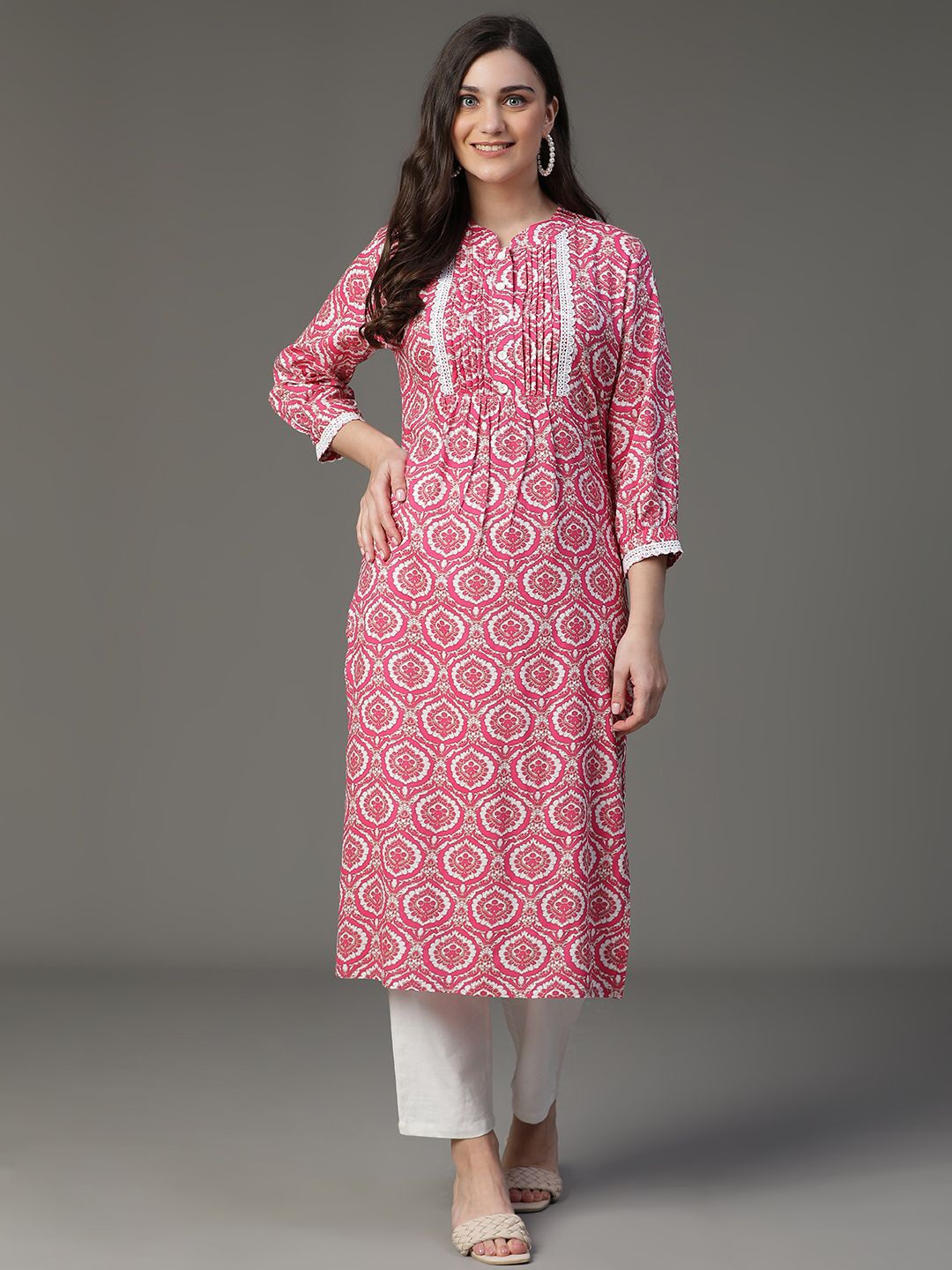 

VEGAL Women Ethnic Motif Printed Mandarin Collar Cotton Empire Kurta with Lace Details, Pink