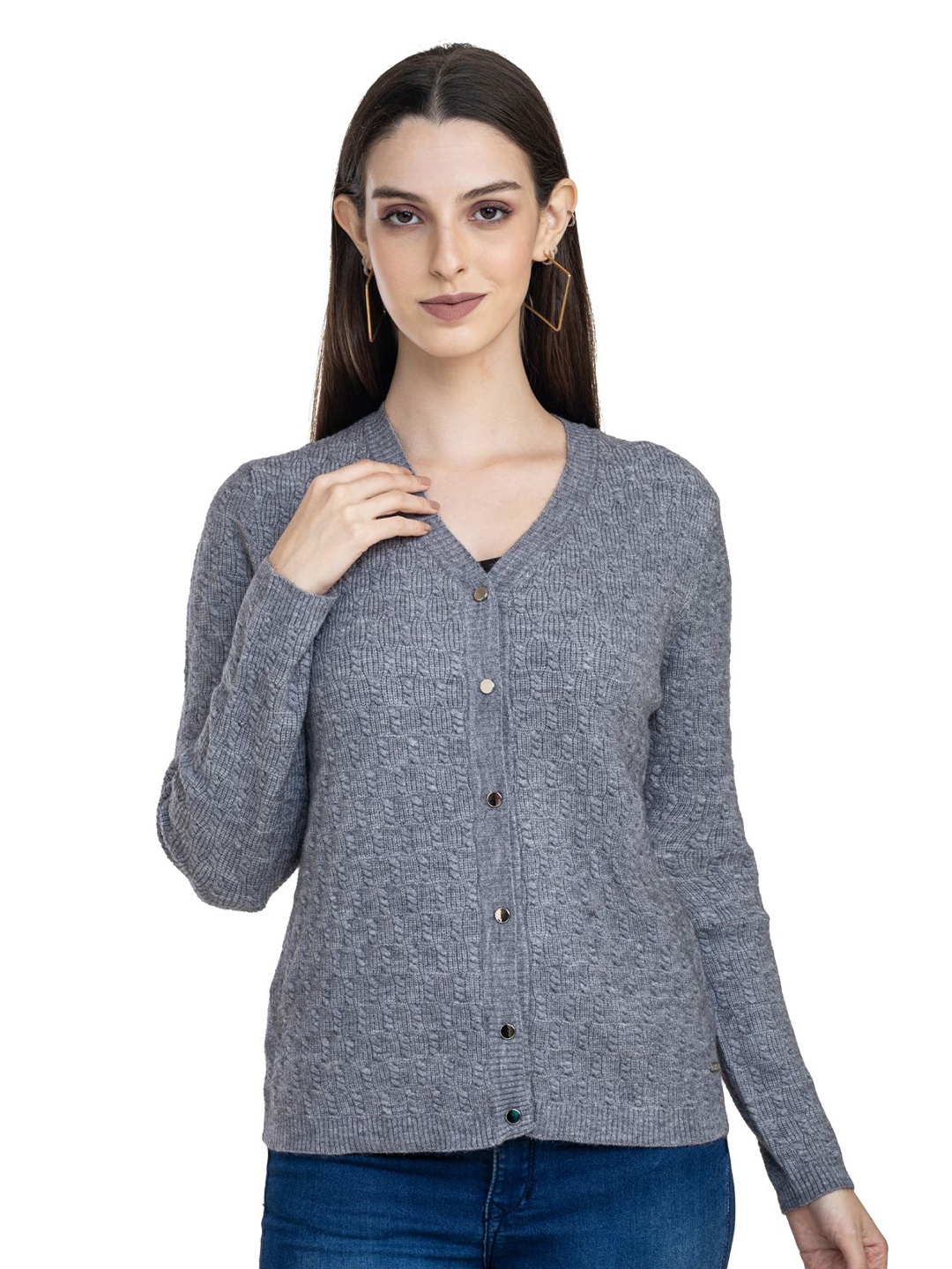 

Moda Elementi Women Cable Knit Woollen Cardigan, Grey