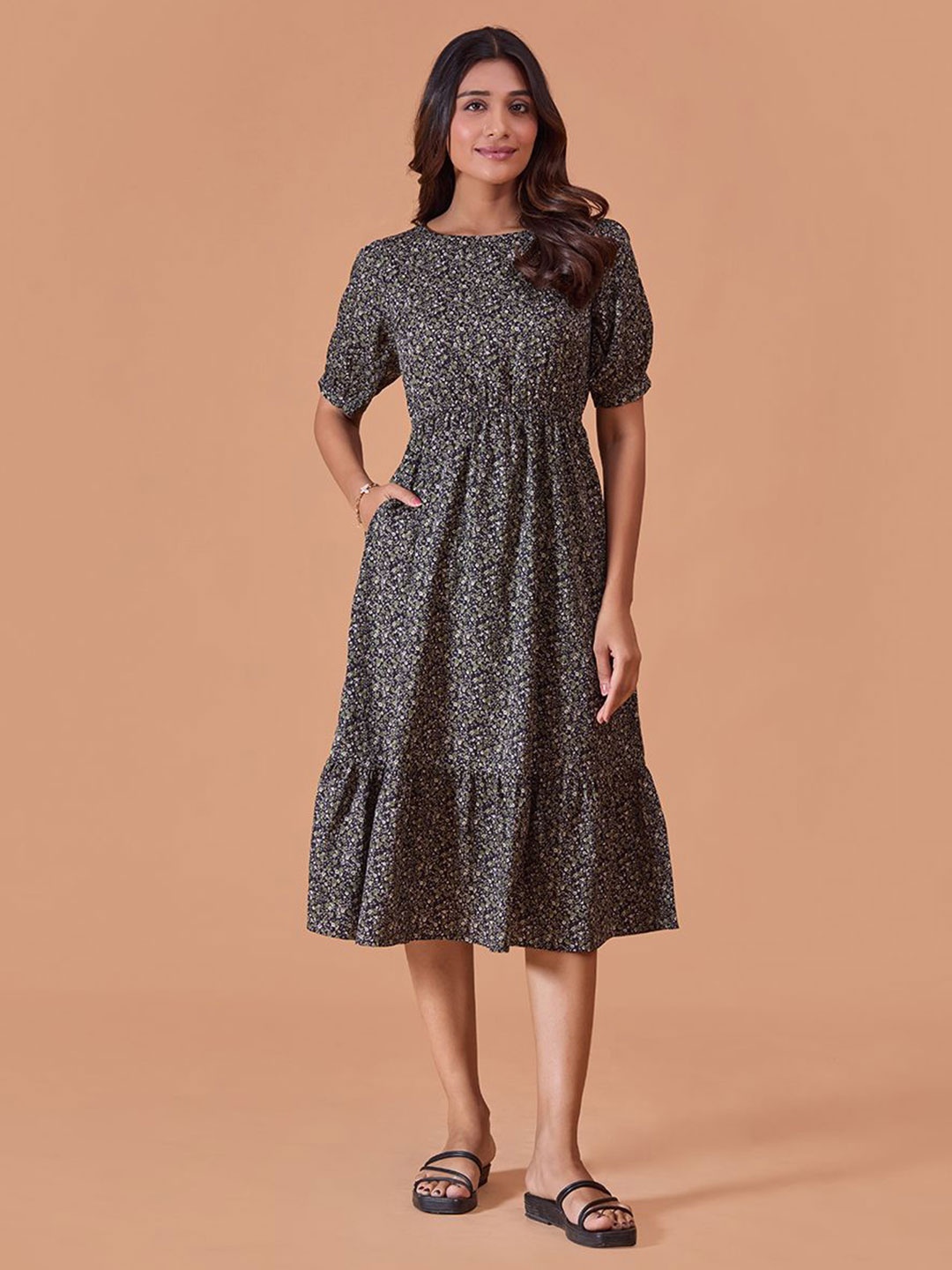 

Fashfun Floral Printed Cotton Fit & Flare Midi Dress, Black
