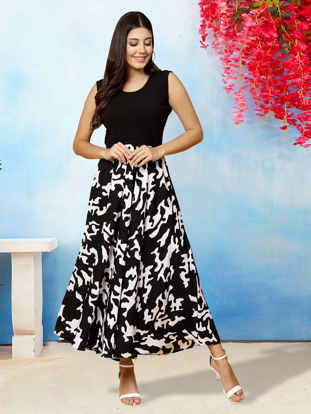 

MISS AYSE Floral Print Applique Fit & Flare Dress, Black
